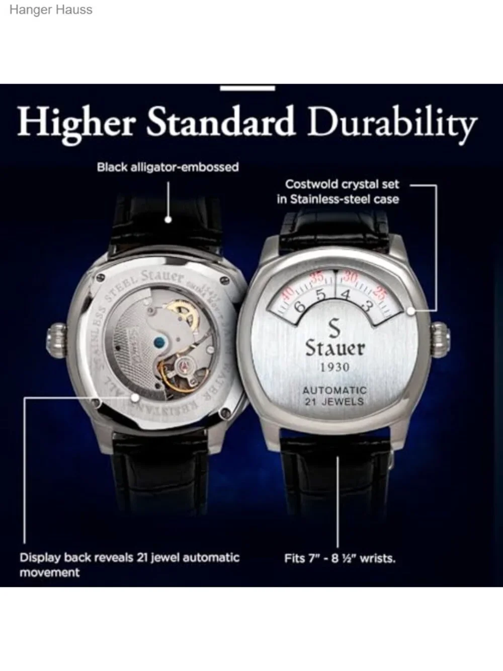 Men's Automatic Watch with Leather Band Stainless Steel Case 21-Jewel Movement